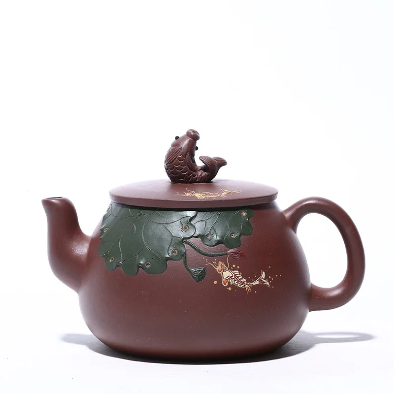 

Yixing raw ore purple clay teapot master hand made lotus fish teapot Kung Fu Tea Set