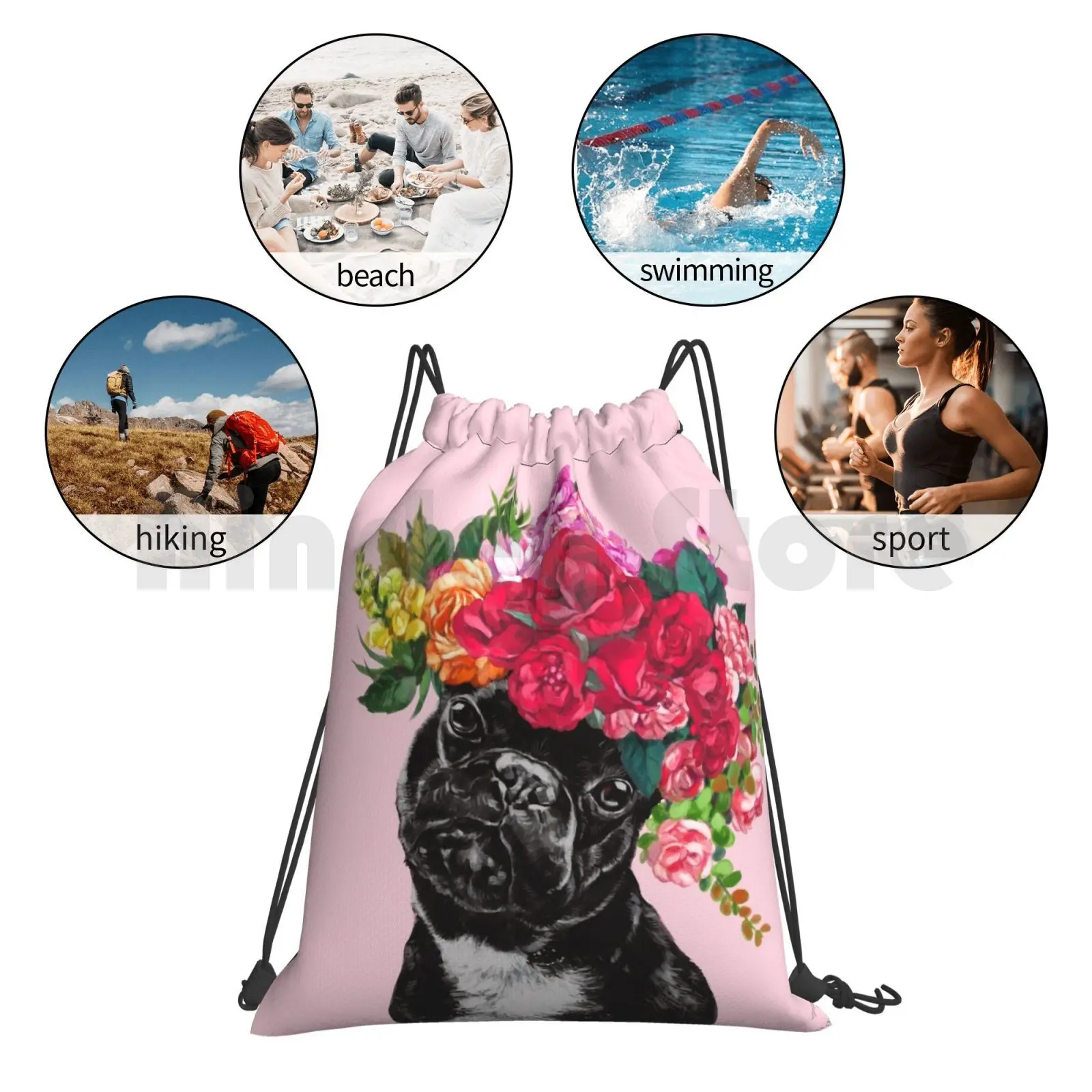

Rose Flowers Crown French Bulldog In Pink Backpack Drawstring Bags Gym Bag Waterproof Animal Animals Cute Adorable