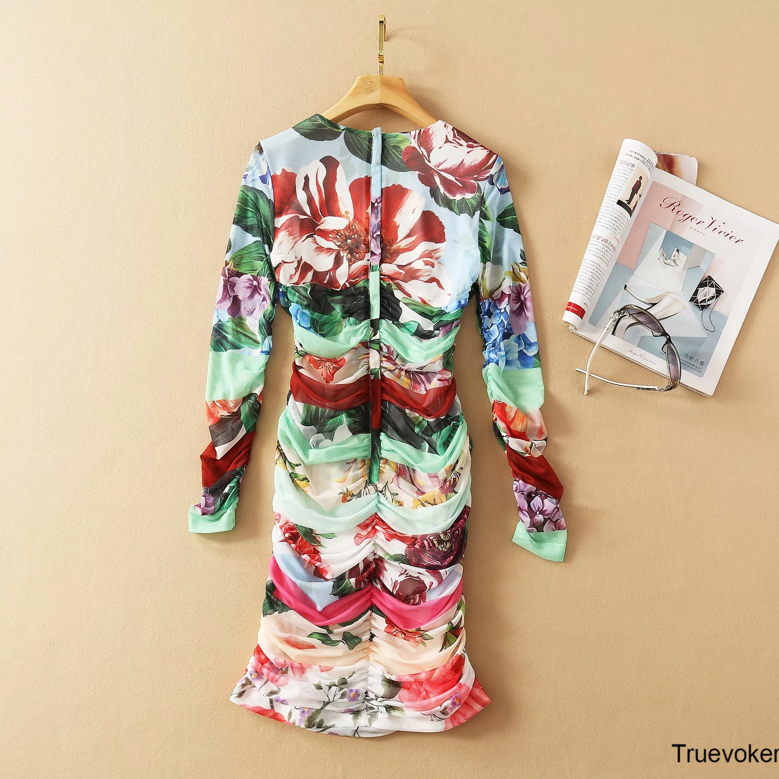 

European Designer Sexy Sheath Party Dress Women's High End Full Sleeve Floral Print Lace Draped Mini Holiday Vestido