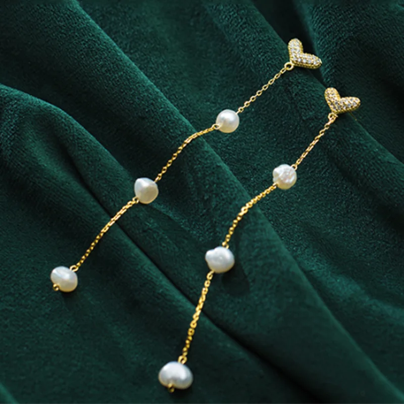 

A00794 Pretty 925 Sterling Silver Natural Freshwater Baroque Pearl Chain Drop Earrings for Womem Bohemian Fashion Jewelry