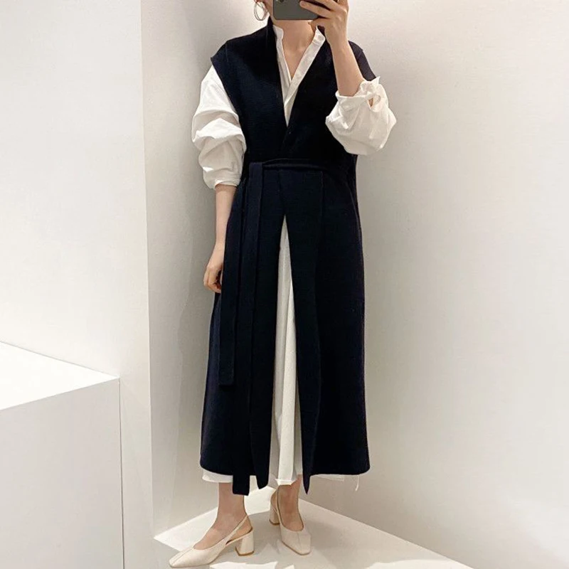 

Office Lady Wear White Puff Sleeve Sashes Midi Shirt Dress V-Neck Tie Waist Long Knitted Vest Cardigan Women's Sets