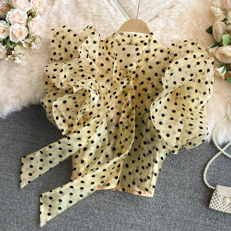 

Camicia Lace-Up Bow Organza Womens Tops and Blouses Office Lady Summer Single-Breasted Puff Sleeve Polka Dot Short Chiffon Shirt