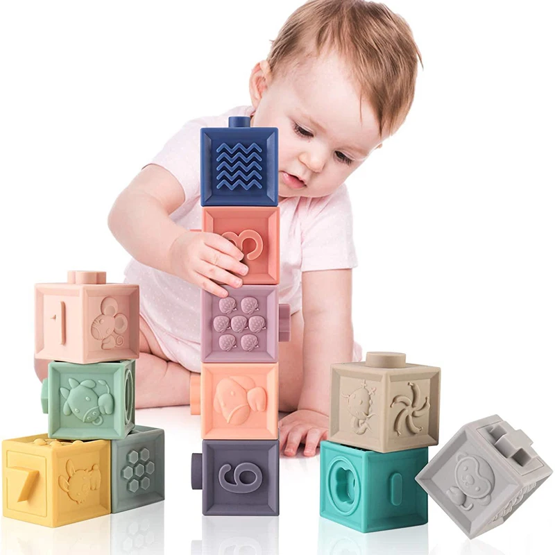 Silicone construir bloco bebê mordedor brinquedos para bebês a partir de 0 12 meses crianças empilhando brinquedo macio bloco de construção cubo para menino 1 ano de idade