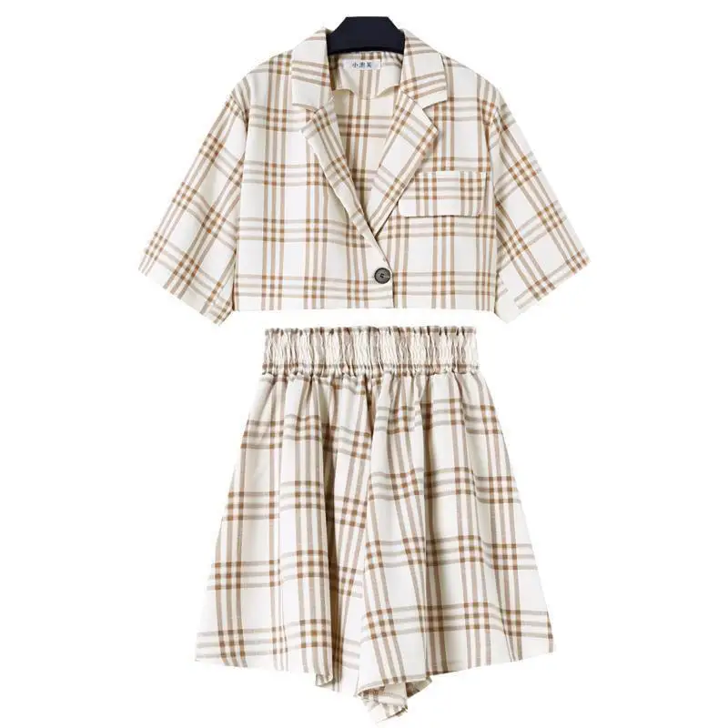 

Korean Girls Wear Two-piece Suits Female Summer Girlfriends, Plaid Polo Collar Tops Wide-leg Shorts Korea Blazer Set Casual