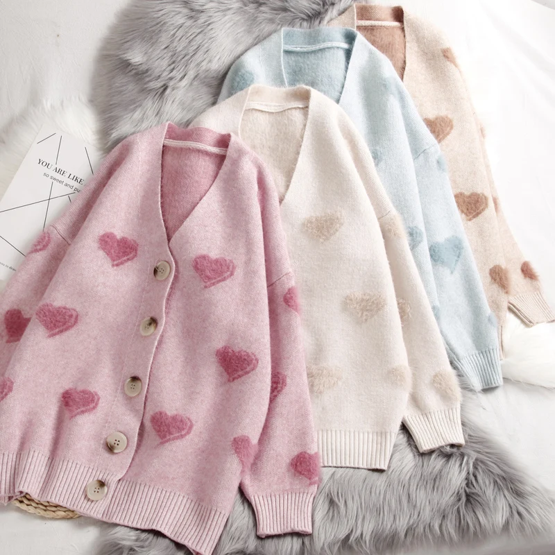 Kawaii Heart Sweater Women Autumn Winter V Neck Solid Color Button Knitted Cardigan Korean Vogue Loose Blue Warm Soft Femme Coat |