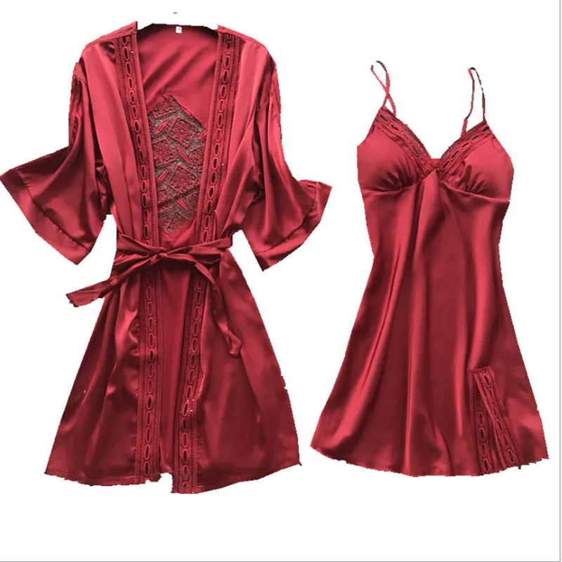 2020 Women Robe & Gown Sets Sexy Lace Sleep Lounge Pijama Long Sleeve Ladies Nightwear Bathrobe Night Dress With Chest Pads | Женская