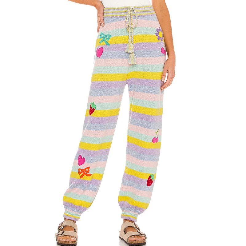 

New Women Hit Color Striped Embroidery Knit Pants Fashion 2021 Drawstring Elastic Waist Winter Trousers Ladies pantalones