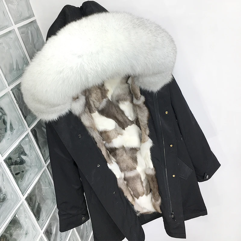 Plus Size Real Fur Coat Waterproof Parka Mujer Winter Jacket Women Natural Fox Fur Collar Liner Hood Thick Warm Outerwear Hat - Color: MiddleLong Milk
