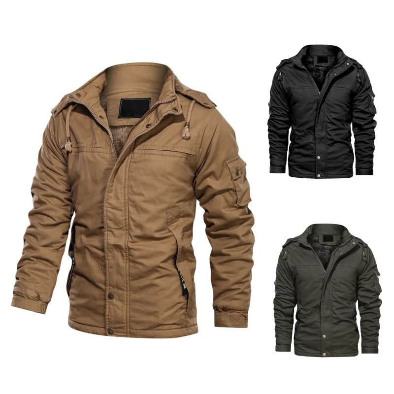 

Мужская зимняя теплая флисовая куртка для отдыха, мужская куртка, Мужская однотонная куртка с капюшоном для инструментов