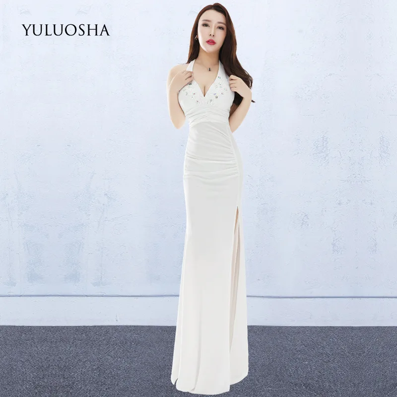 

YULUOSHA Sexy Formal Dress Evening Gown V-Neck Backless Crystal Sleeveless White Dress Party Vestido Largo Fiesta Noche Elegante