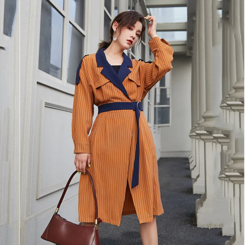 LANMREM 2020 полосатый контрастный цвет ветровка Женская длинная секция Весна Новый