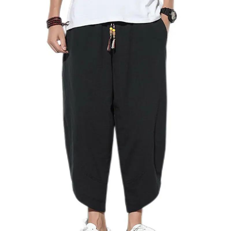 

Брюки мужские с завышенной талией и широкими штанинами, повседневные свободные модные однотонные брюки-султанки до щиколотки, с завязками ...