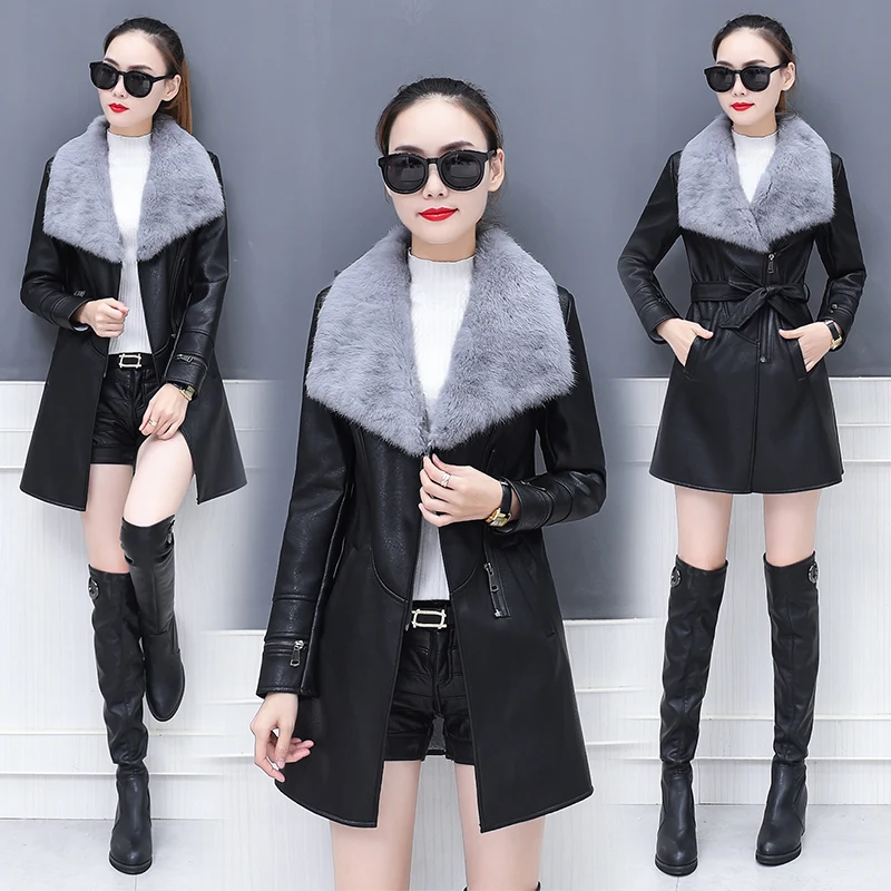 Женская кожаная куртка для зимы 2019 нового размера плюс теплое приталенное