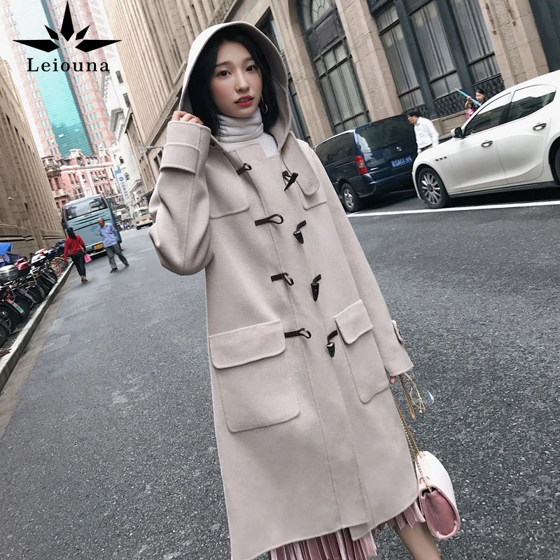 

Leiouna Full Solid Casual Loose Long Fashion New Women's Jacket Pockets Hooded Korean Womens Coat Woolen Blend Ladies Coat