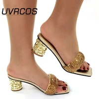 african pumps shoe summer high heels punmps for party nigerian women wedding shoes decorated with rhinestone glod color shoes
