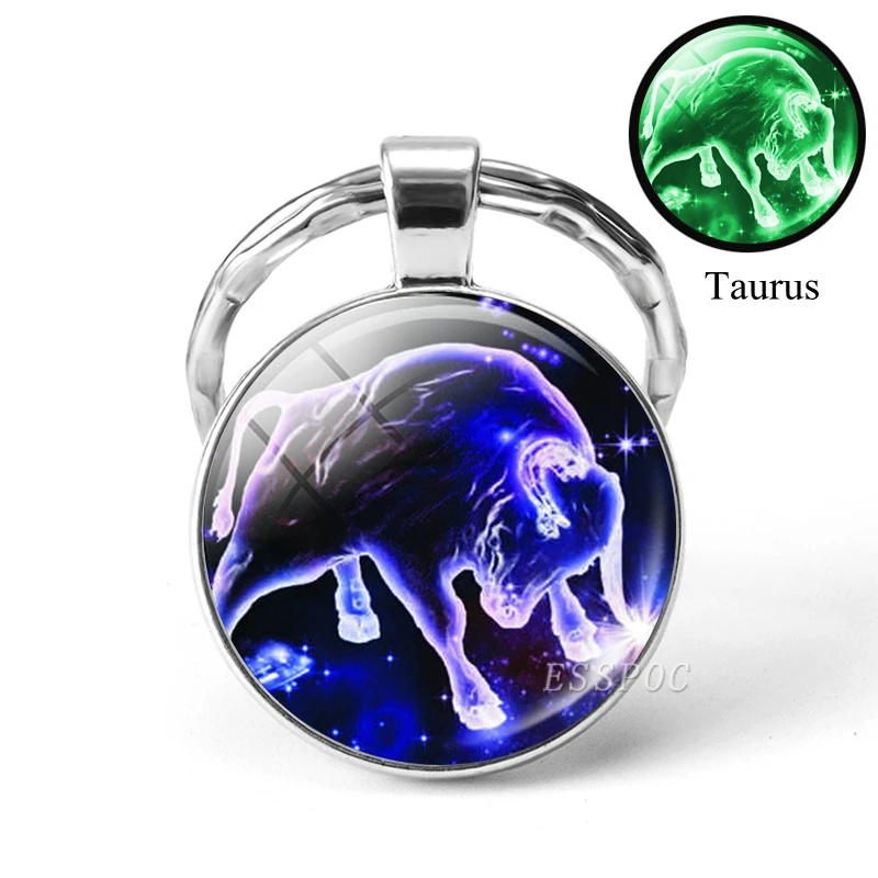 Taurus Светится в темноте 12 брелок для ключей «Созвездие» светящийся Зодиак из нержавеющей стали металлический брелок для ключей для мужчин автомобильный брелок подарки - Цвет: Taurus