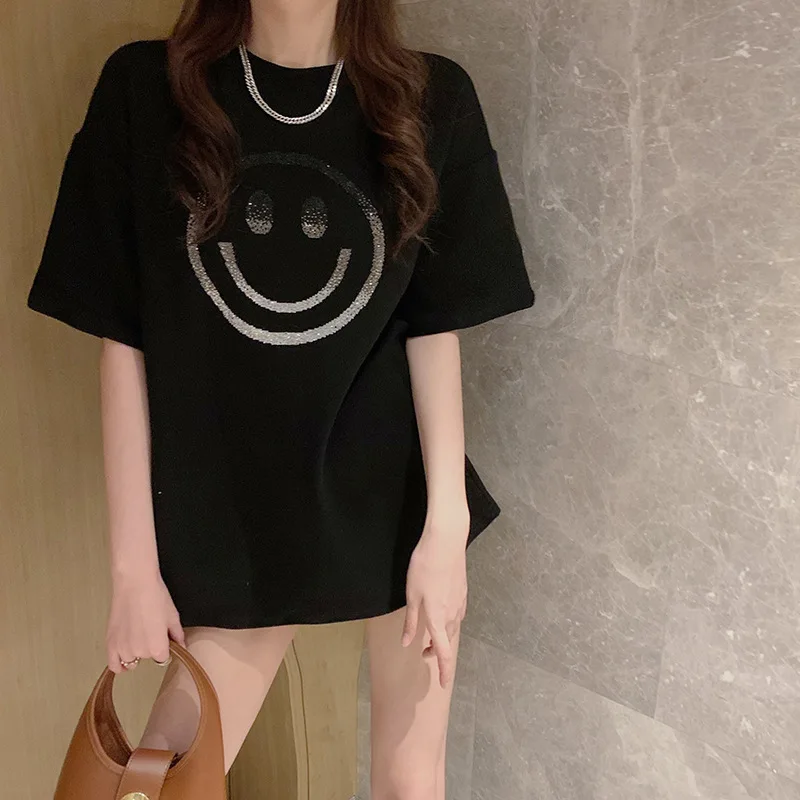 

new 2021 summer round collardiamond smiling face in Europe and the United States high quality cotton loose long sleeve T-shirt