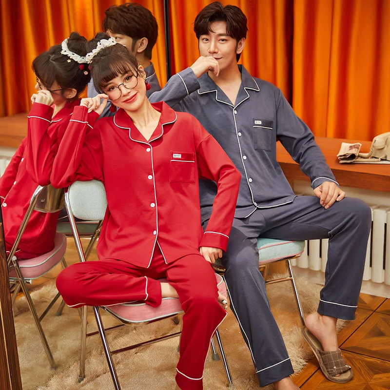 

Cotton Sexy Turn-down Collar Couple Pajamas Set Long Sleeve Homewear Plus Size Men Women Sleepwear Simple Solid Lovers Nightwear
