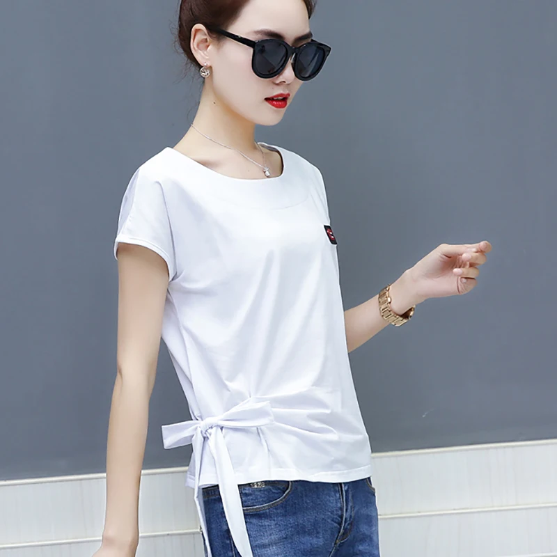 202I летняя хлопковая белая футболка женские корейские модные топы на шнуровке с
