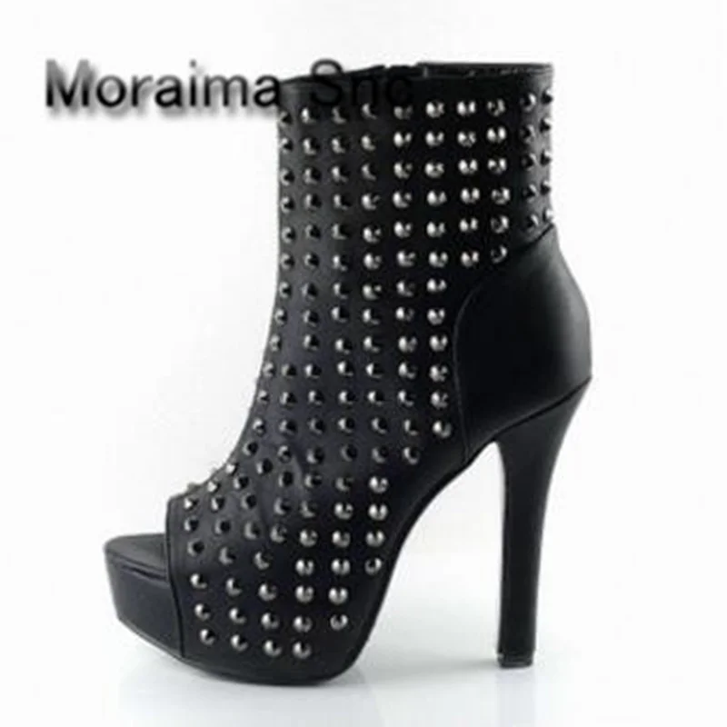 Moraima Snc Rivets Studded Ankle Boots Peep Toe Silver Punk Style brand Sexy Thin Heels Leather High Heel Boots Newest Black