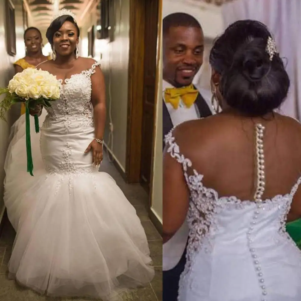 

Plus Size African Mermaid Wedding Dresses Bridal Gowns 2021 Illusion Neck See Through Back Appliques Lace Beads Long Bride Dress