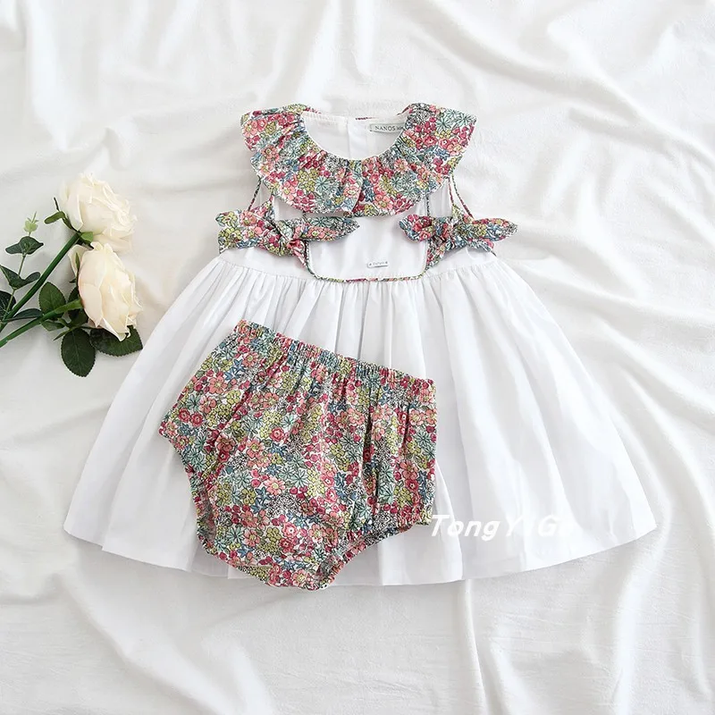 

Детское Хлопковое платье, для девочек, летнее, винтажное, испанское, цветочное, повседневное, белое