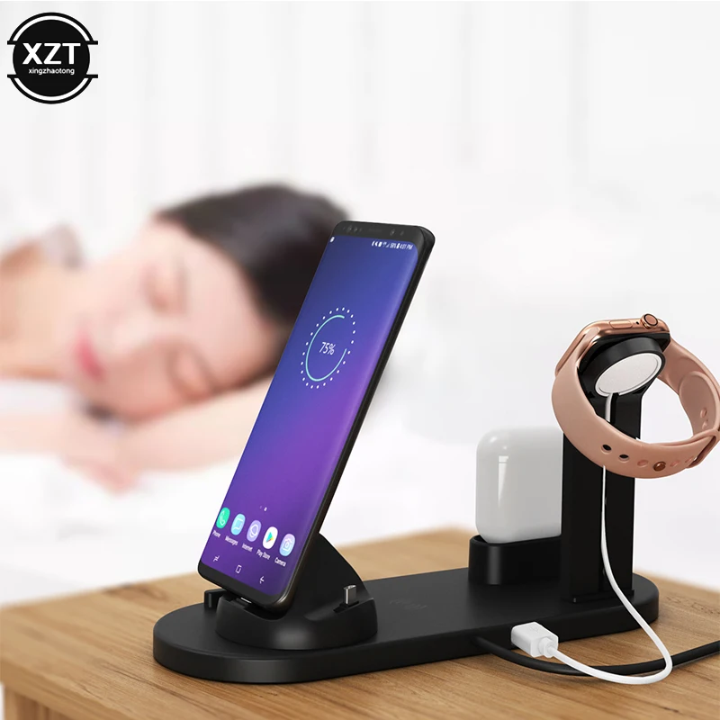 Беспроводная зарядная док станция для iPhone XS MAX XR 8 быстрая зарядка Samsung 4 в 1 Airpods 2019