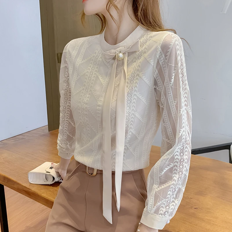 H Han Queen New Lace Women Blouses Lace-up Loose Shirt Simple Basic Top Work Casual Vintage Blouse Korean Hollow Out Blusa | Женская