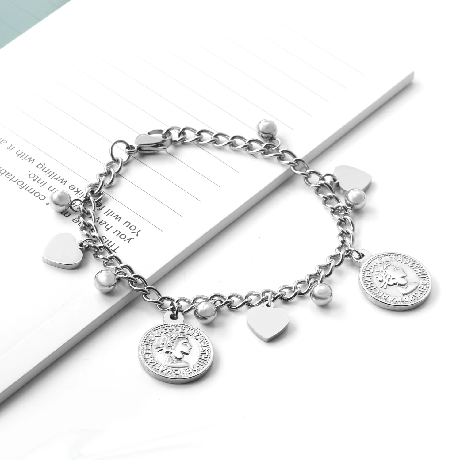 LUXUSTEEL Mother Gift Heart Round Ball and Coin Queen Stainless Steel Link Chains Bracelets Bangles Women kids bracelet Wedding | Украшения