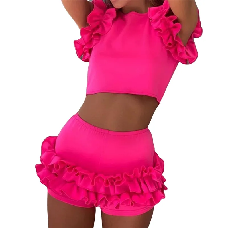 

Women Clothes Sets New Solid Color Sleeveless Tops High Waisted Shorts Costume Suits Female Summer Beach Holiday Short Cloth Set
