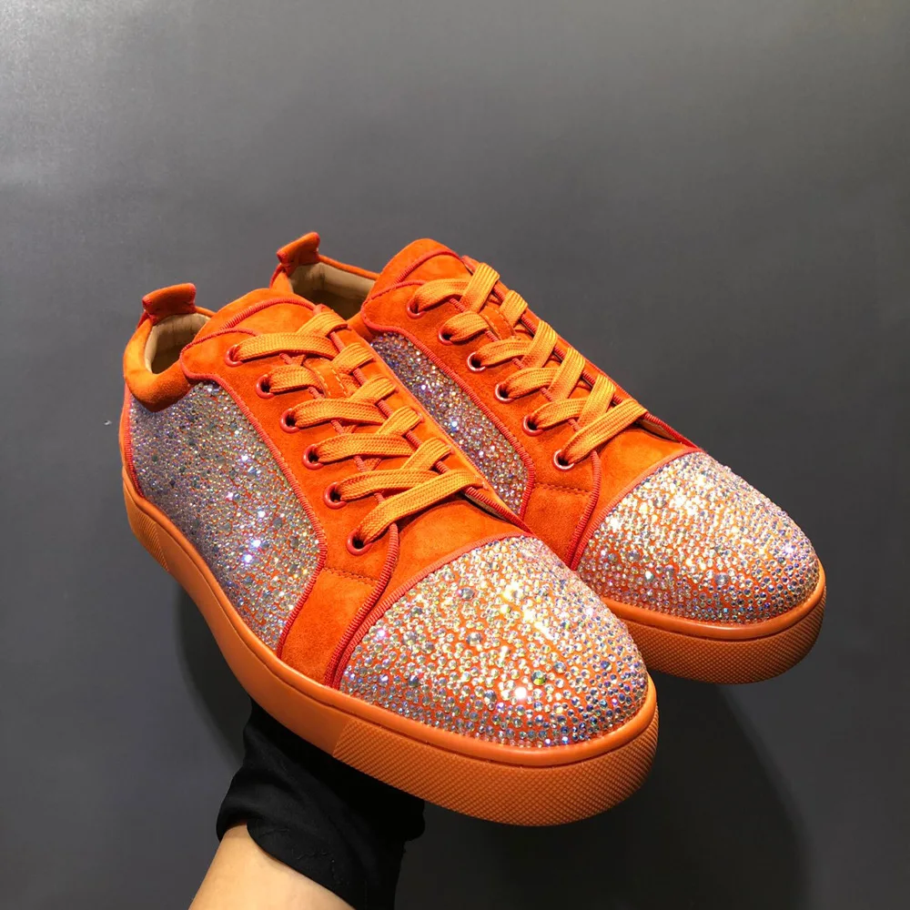 

Orange Low Top Red Bottom Men Shoes Genuine Suede Leather Phantom Rhinestones Luxury Ladies Flat Loafers Casual Shoes Sneakers