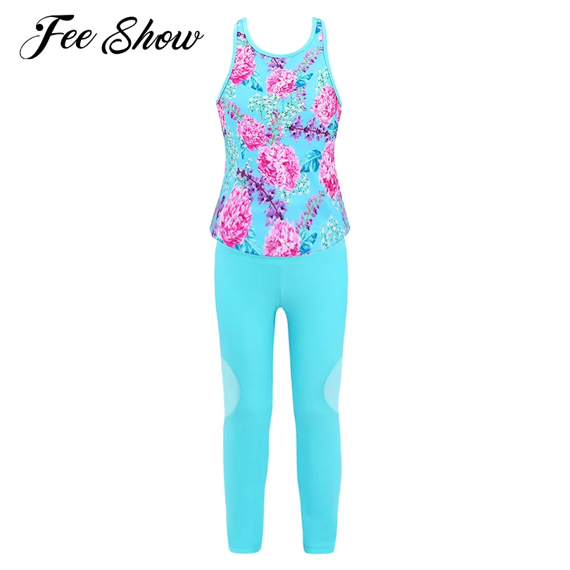 

Спортивный костюм для девочек из 2 предметов, сетчатый жилет и штаны с принтом на спине, без рукавов, для спортзала и йоги в стиле пэчворк