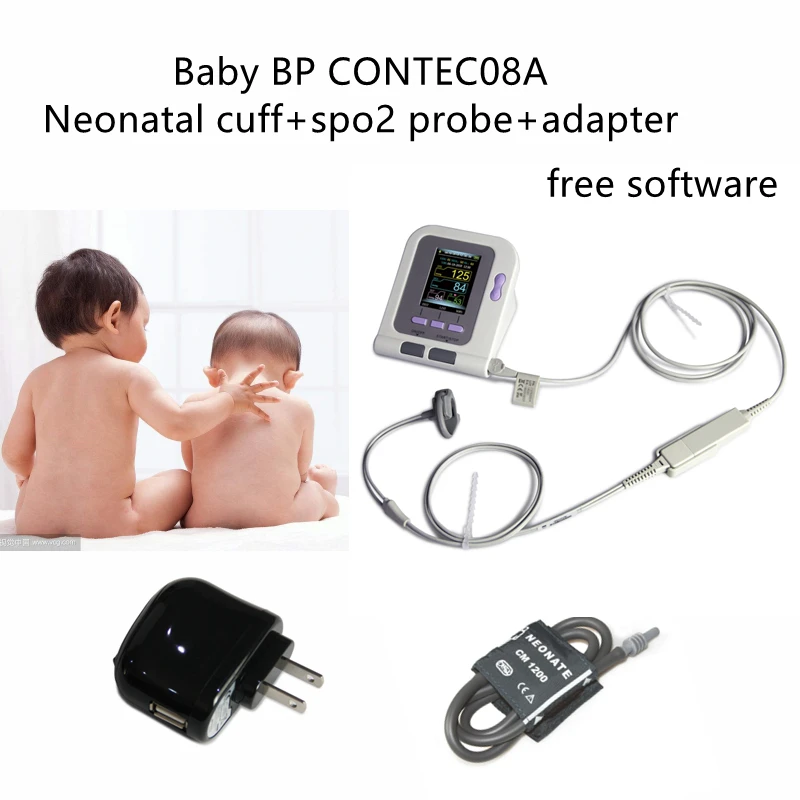 

Детский Сфигмоманометр CONTEC08A с манжетами 6-11 см + зонд spo2 + адаптер Электронный прибор для измерения артериального давления CE ЖК-дисплей для новорожденных