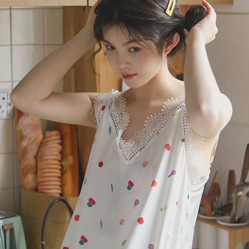 Женская ночная рубашка белая на бретельках для ношения летом|Кофты сна| |