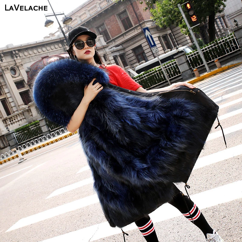 Women Real Fox Fur Coat Winter Natural Fur Jacket Large Raccoon Fur Collar Hooded Outerwear Fashion Streetwear Detachable Warm