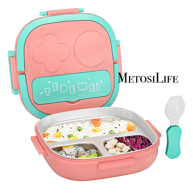 Lunch Box For Kids Toddler Bento Box Food Safe 18/8 Stainless Steel & BPA FREE 3-Compartment Design Portable Handle