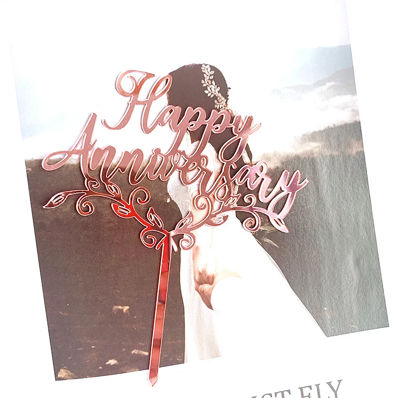 Розовое золото Топпер для торта на годовщину цветы зеркальные акриловые топперы