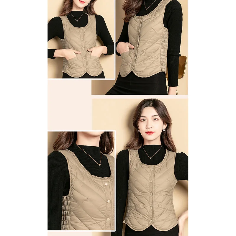 Ультратонкий пуховик светильник Теплый жилет женский укороченный без рукавов с