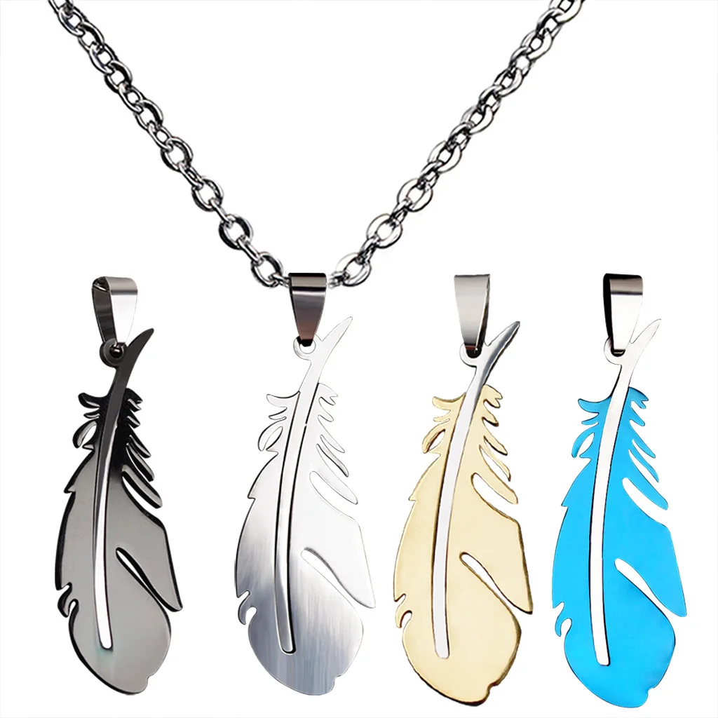 

JUCHAO Fashion Men Women Charm Stainless Steel Feather Pendant Necklace Jewelry Chains Classic Gothic Statement Necklace