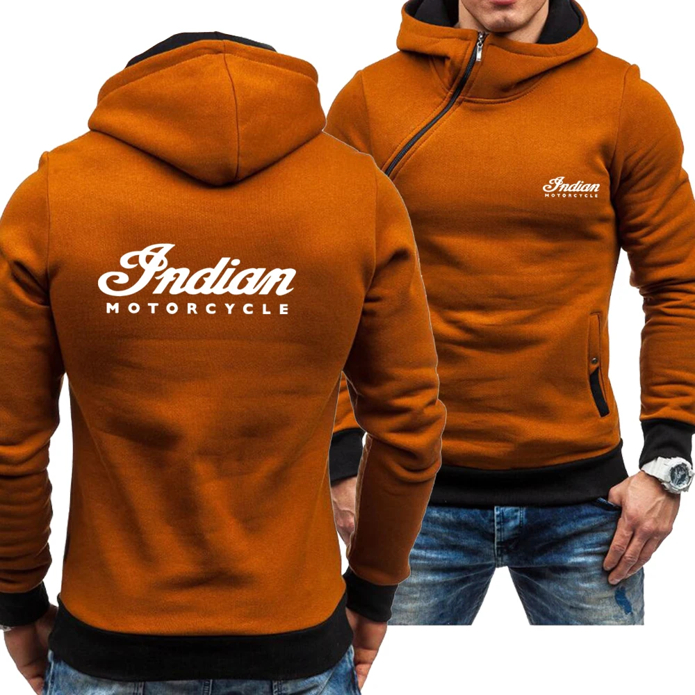 

Spring and Autumn Men's Indian Motorcycle Hoodie Inclined Zipper Fashion Long Sleeve Hooded Leisure Jacket