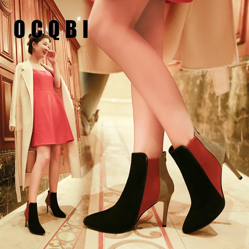 Модные ботинки из флока на высоком каблуке с острым носком женские ботильоны