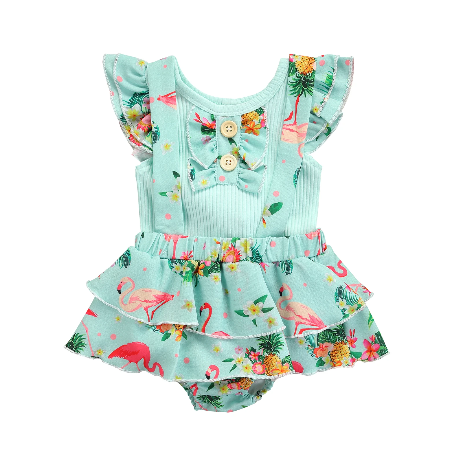 

Newborn Flamingo Print Outfit Baby Girl Clothes Ruffled Ribbed Fly Sleeve Round Neck T-shirt Suspender Pants Children's Clothing