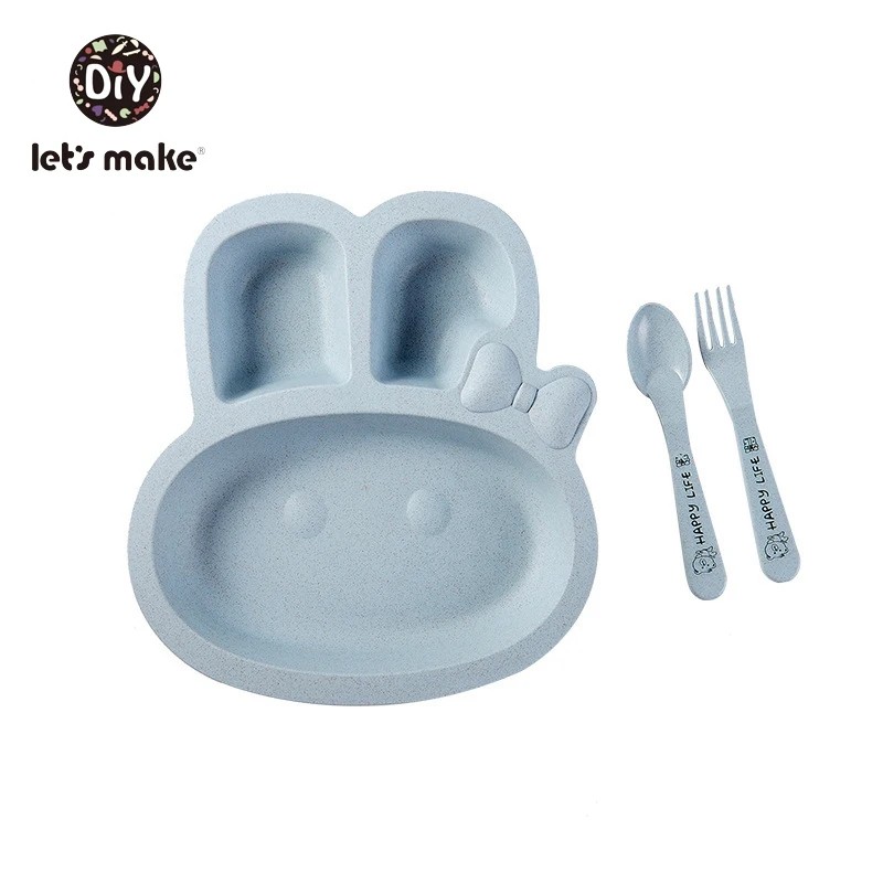 blue rabbit Let's Make детская посуда, Бамбуковая вилка, ложка, тарелка, набор детской посуды, мультяшный кролик, самолет, миска для еды, Обучающие блюда - Цвет: blue rabbit