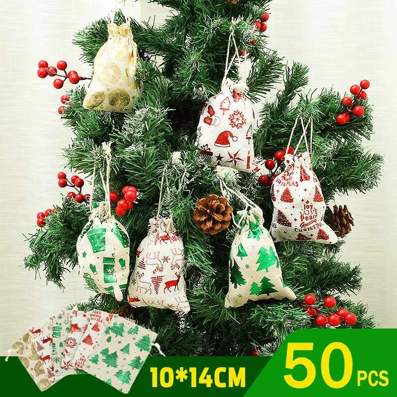 

50pcs Christmas Gift Bag Drawstring Cotton Linen Gift Packaging Bag Birthday Wedding Party Decoration Favors Drawable Gift Bag