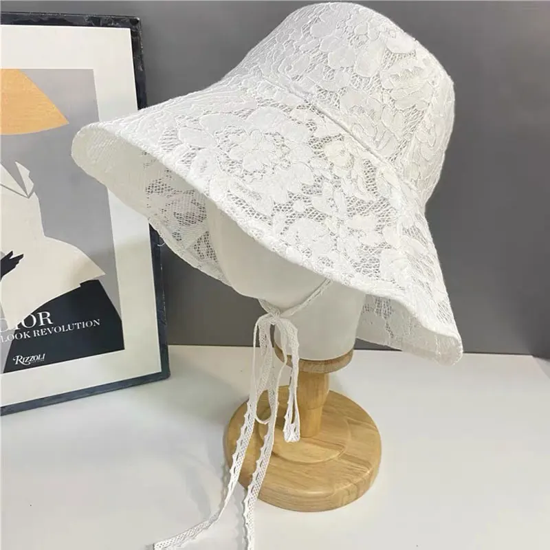 New Lace Fishing Bucket Hat Female Summer Korean Version Of Breathable Sun Hat Wide Brim Sunscreen Fashion Sun Caps K Pop