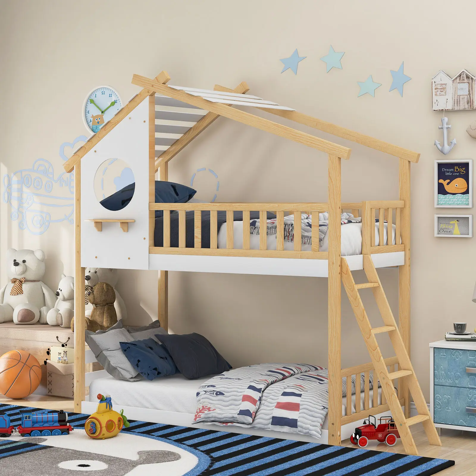 

40.5in Solid Pine Wood Bed Twin Over Twin Bunk Bed Wood Bed With Roof Window And Ladder Children's Beds 2 Seaters Furniture