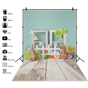 Laeacco Easter Photophone Wood Window Flowers Rabbits Fence Pennant Carrot Baby Portrait Photography Backdrops Photo Backgrounds