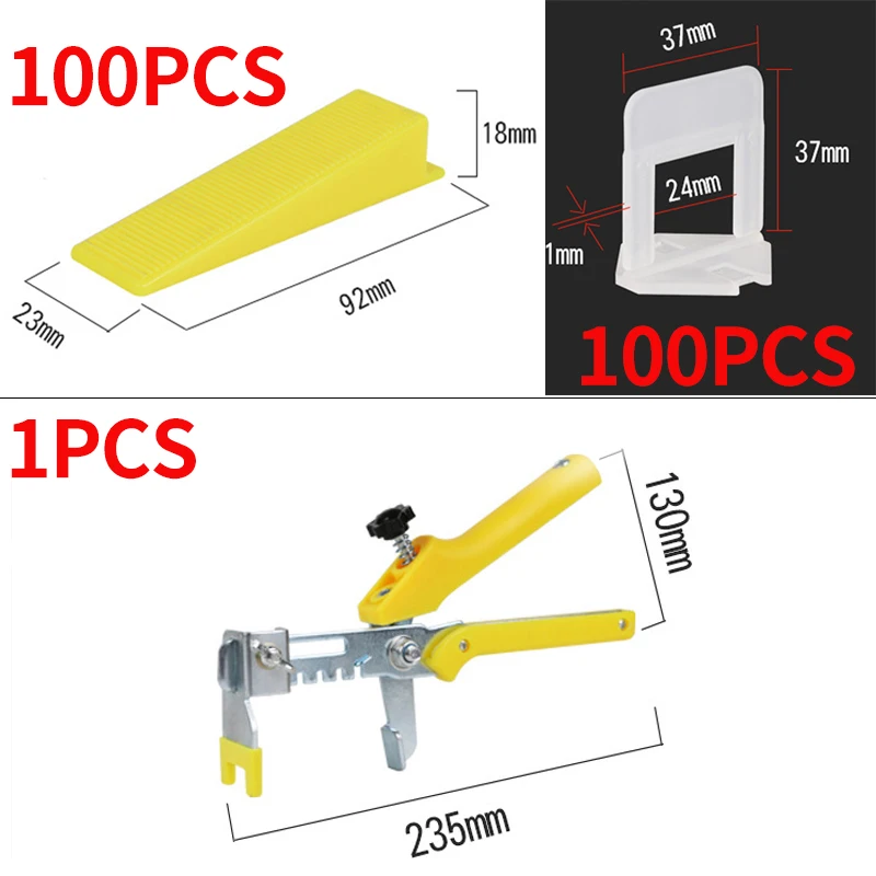 

Tile Leveling Device Construction Tools Gasket for elastic adjustment of ceramic tile fragments 100 clips+ 100 wedges + 1 pliers