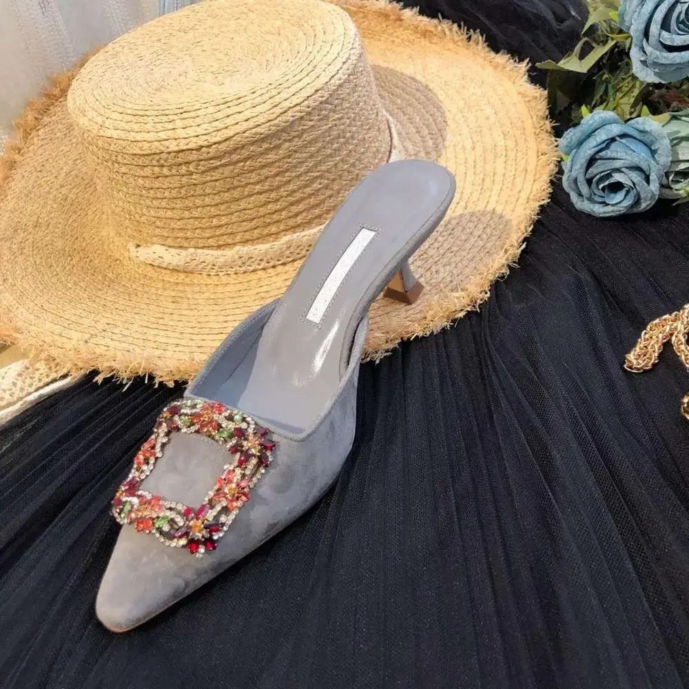 

Hot Sale Summer Shoes Women Leisure Women Slippers Kid Suede Genuine Leather Med Heels Crystal Women Slippers Zapatos De Mujer