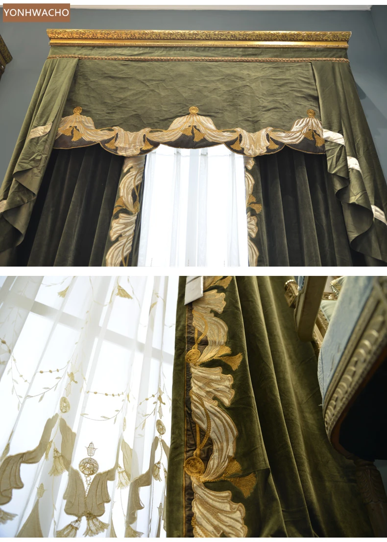 

Custom curtain High-class American retro villa dark green velvet embroidery cloth blackout curtain valance tulle panel C184